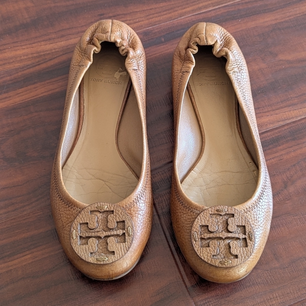 Tory Burch Reva Brown Flats with Signature Emblem